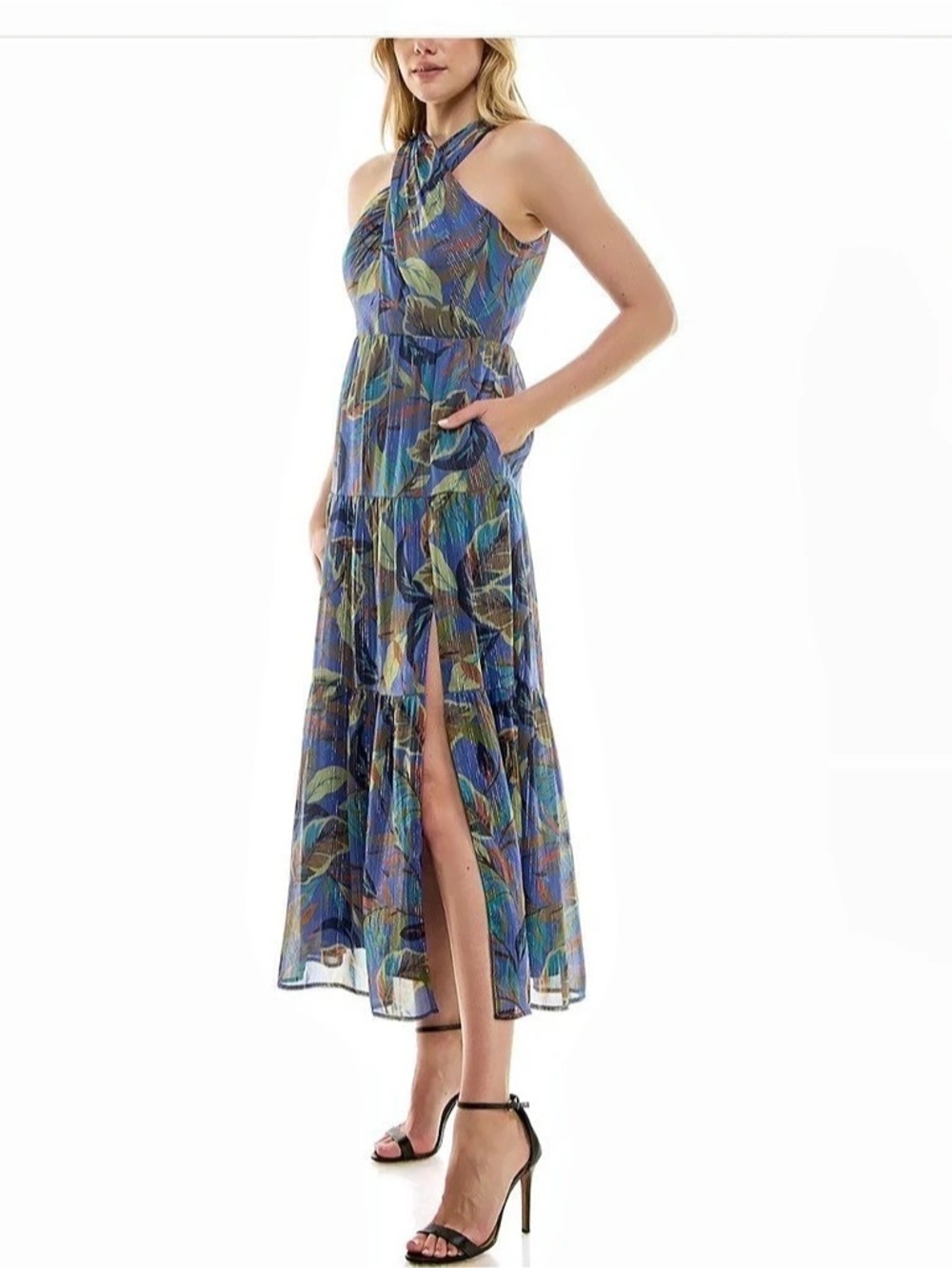 Nicole Miller Criss Cross Halter Dress Abstract Midi Dress in Blue & Green Like